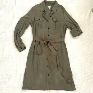 Anthropologie Odille Utility Shirt Dress 100% Silk Women’s Size XS Olive